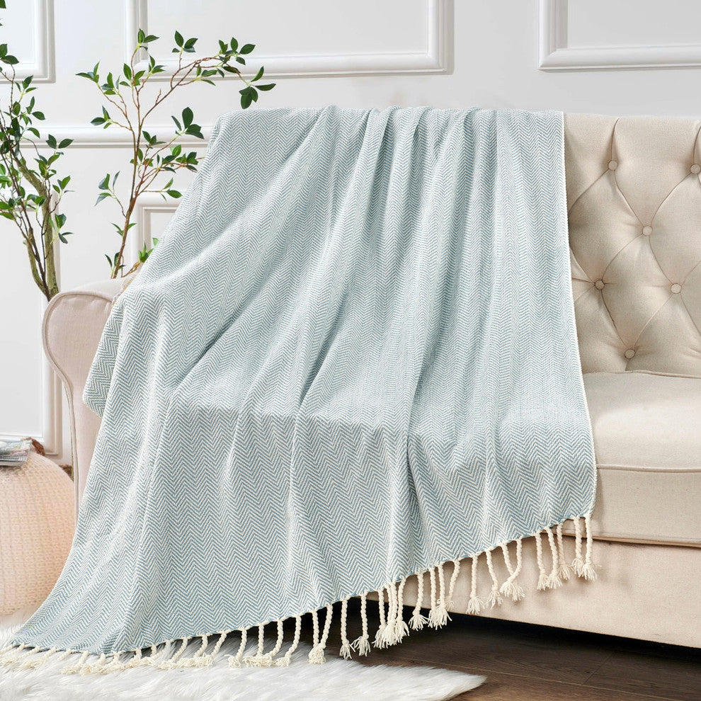Chevron Knit Woven Throw Blanket, Silver Blue