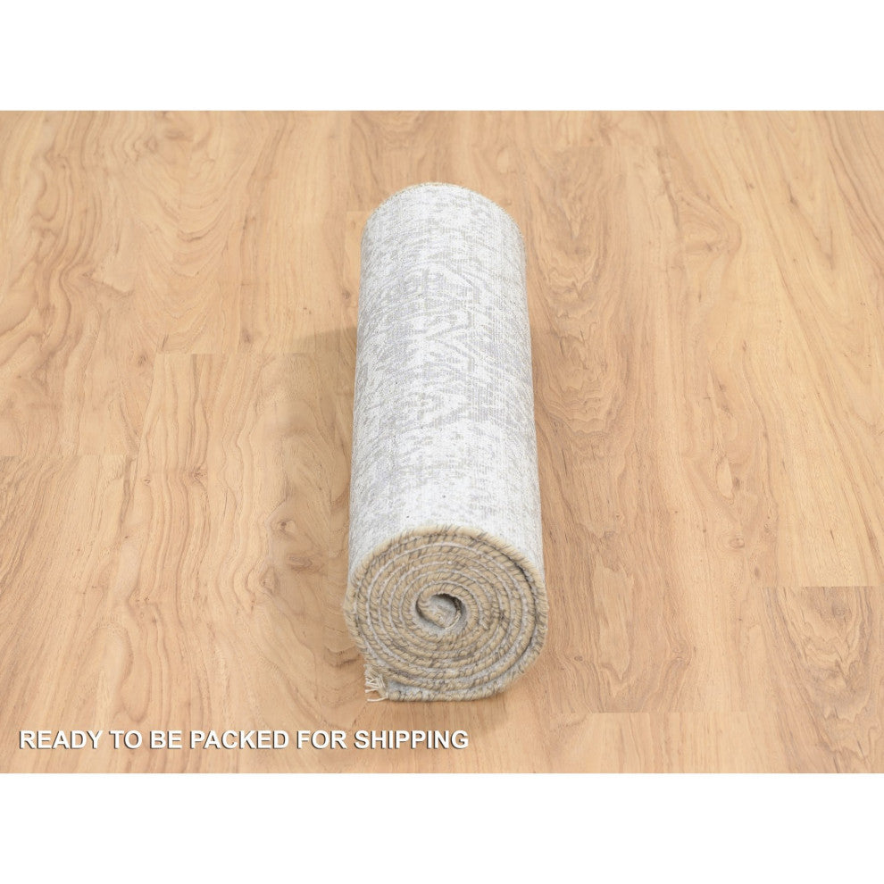 Gray Broken Persian Design Wool and Pure Silk Hand Knotted Runner Rug, 2'6"x8'