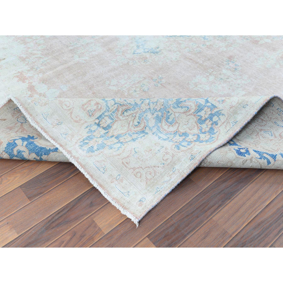 Worn Wool, Hand Knotted, Pink, Vintage Persian Kerman Rug, 9'9" x 13'3"