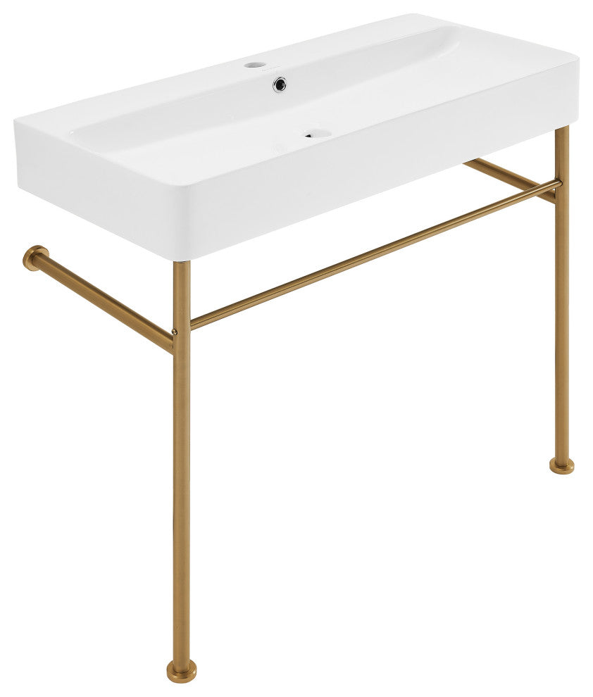 Carre 36" Ceramic Console Sink White Basin Gold Legs, Brushed Gold