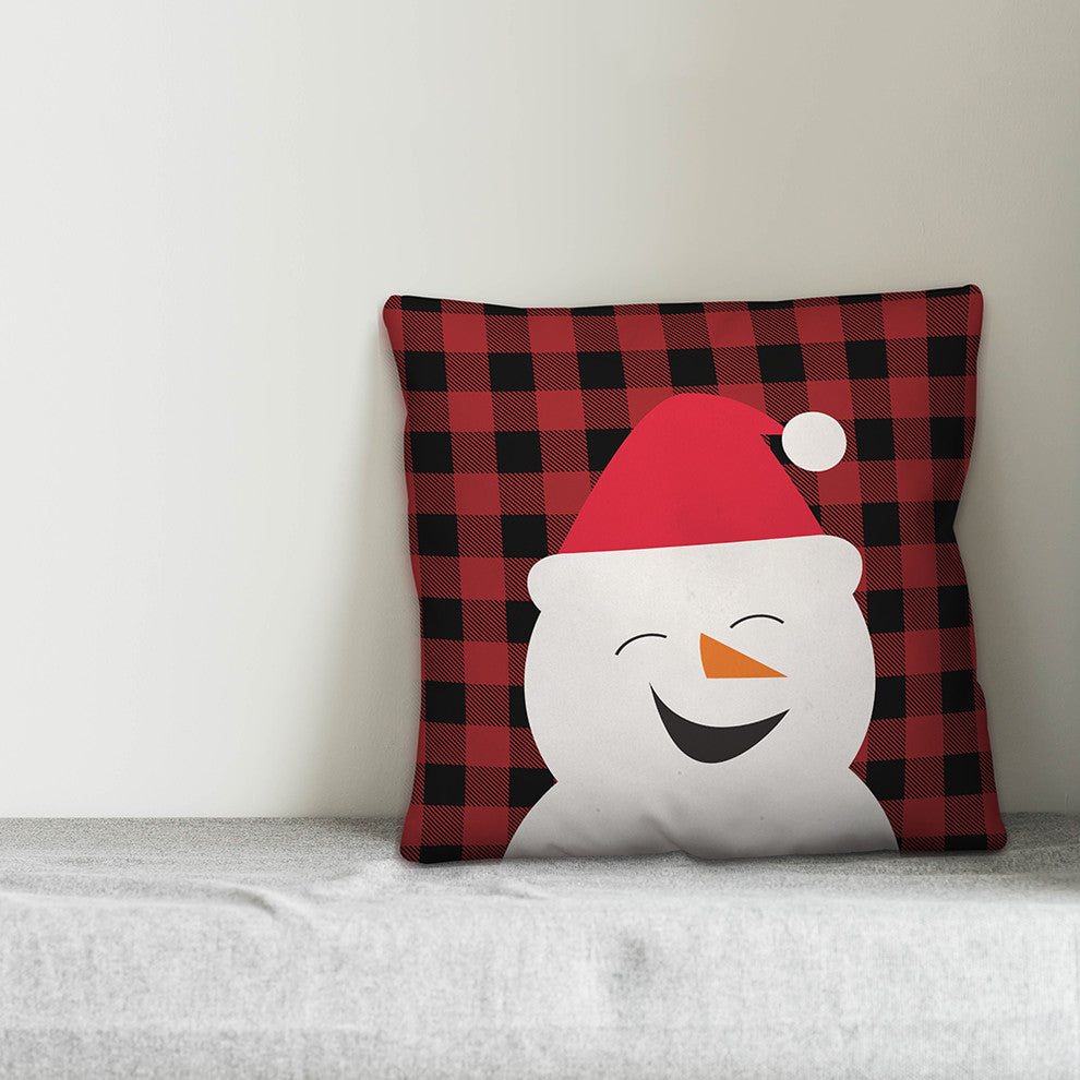 Plaid Smiling Snowman 18"x18" Throw Pillow