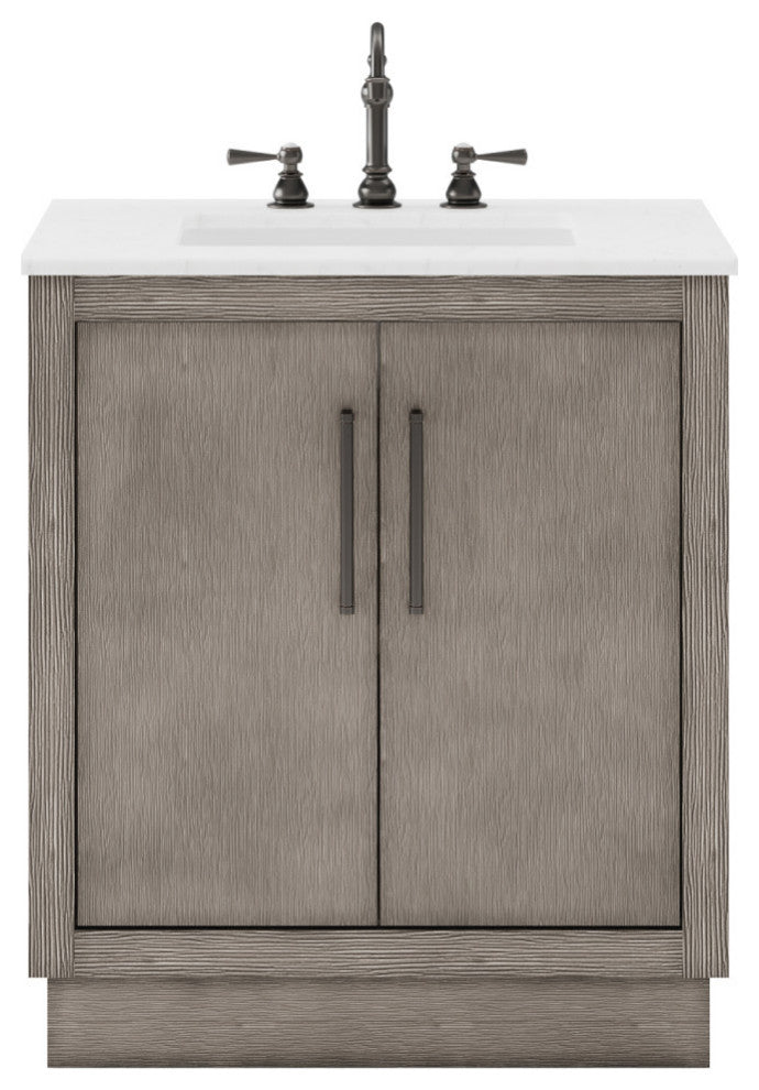 Hugo Carrara White Marble Countertop Bathroom Vanity in Grey Oak, Bronze Handle, 30", Vanity With Hook Faucet