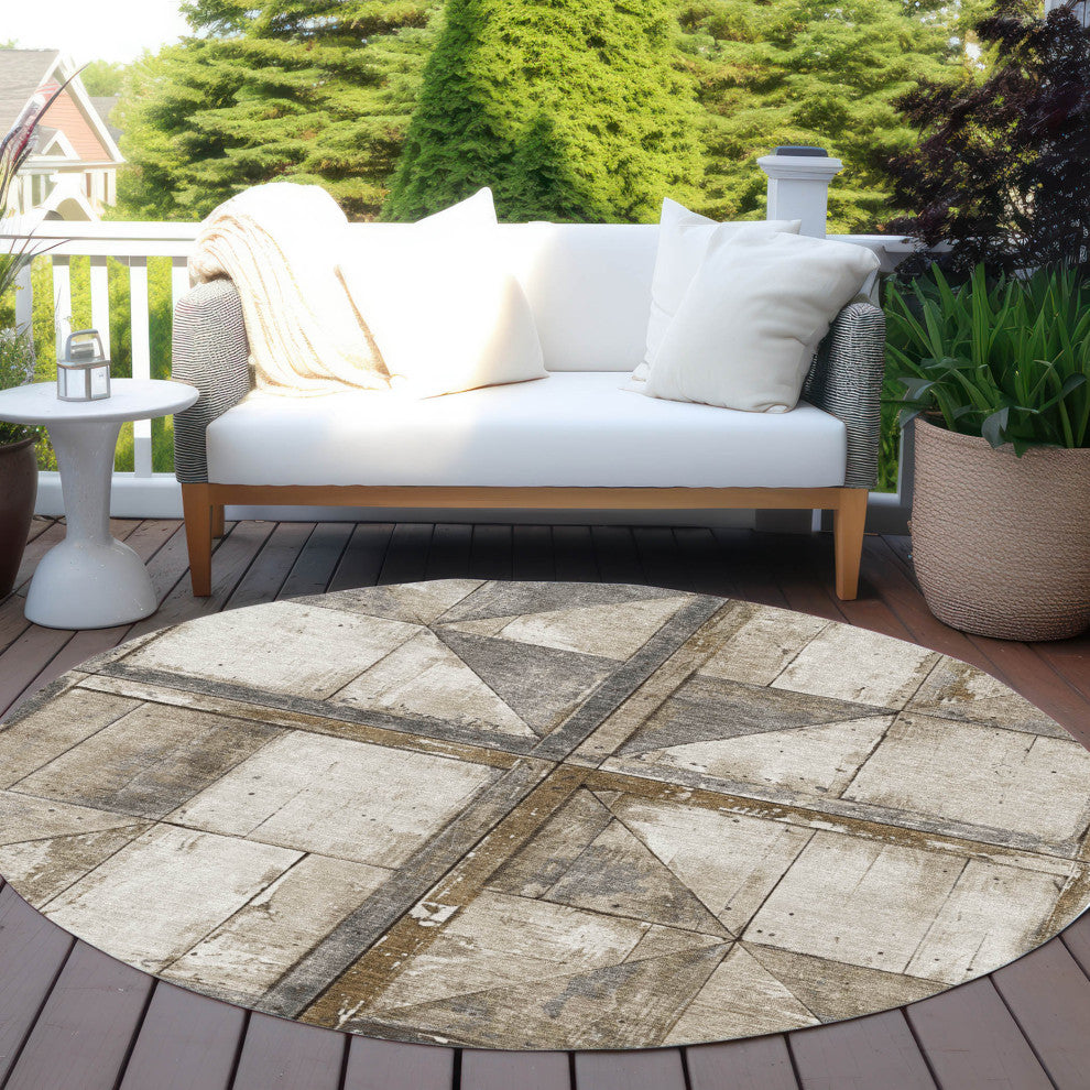 Machine Washable Indoor/Outdoor Chantille ACN1875 Beige 8' x 8' Round Rug