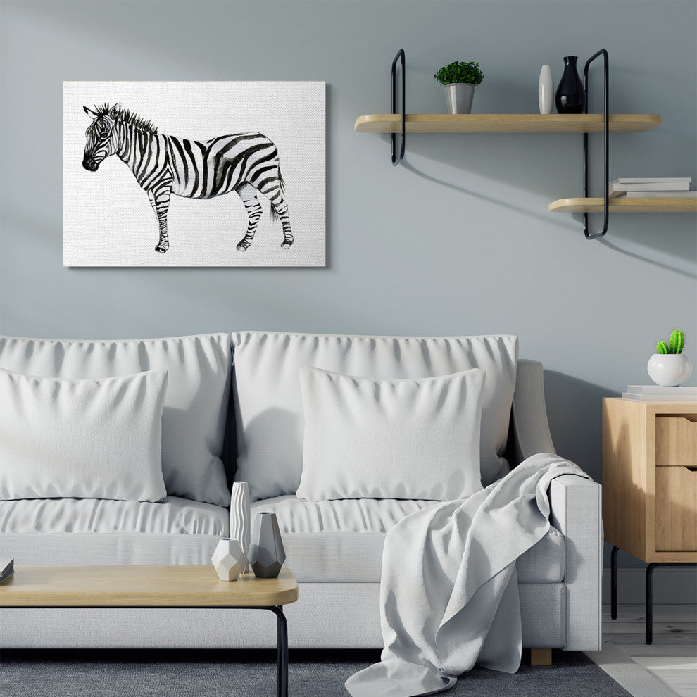 Zebra Standing Black and White Watercolor Animal Painting, 30"x40", Canvas Art