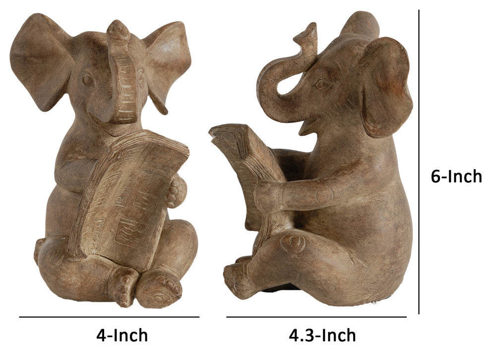 Benzara BM284984 2-Piece Set Bookends, Reading Elephant Statuettes, Brown