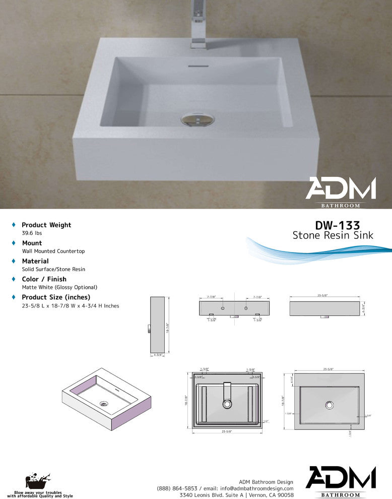 ADM Rectangular Wall Mounted Sink, White, 24", Glossy White