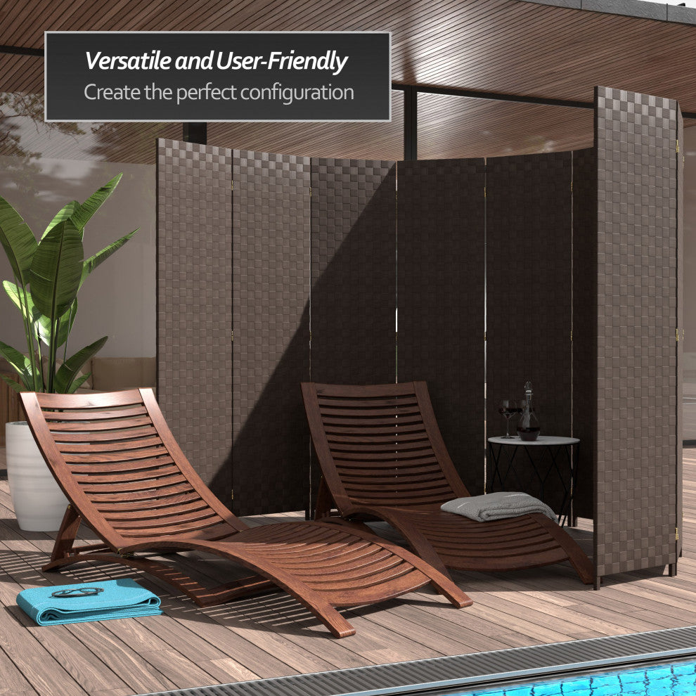 6' Tall Woven Fiber Outdoor All Weather Room Divider, 3 Panel, Dark Brown