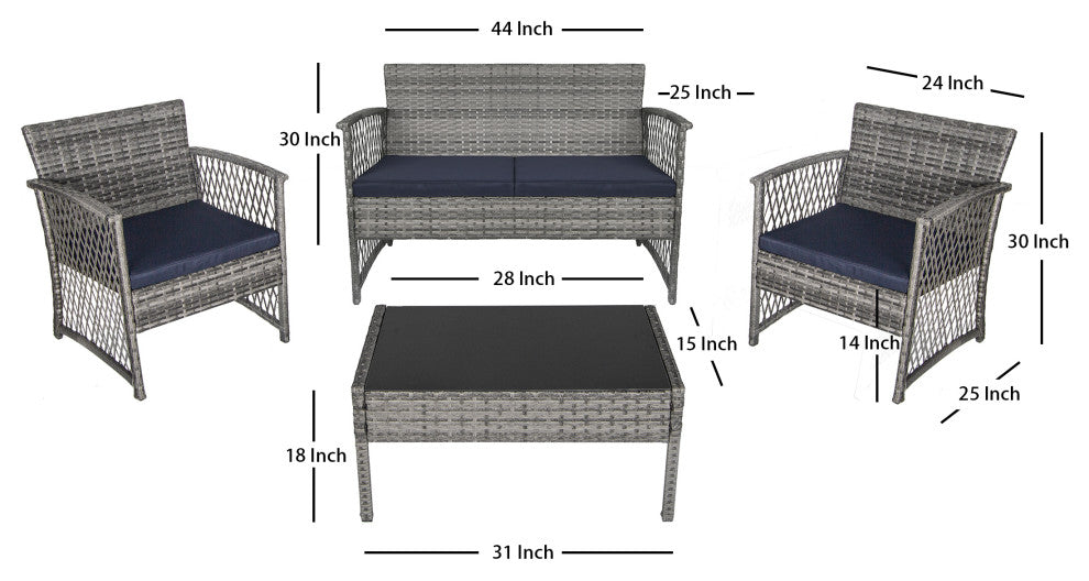 WestinTrends 4PC Outdoor Woven Rattan Wicker Conversation Set Patio Furniture, Navy