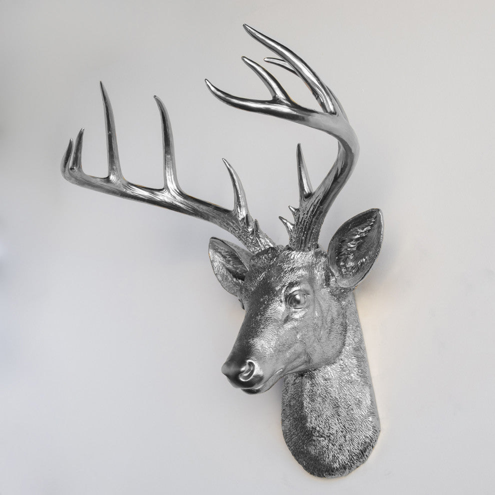Faux Deer Head Wall Mount - 14 Point Stag Head Antlers, Silver