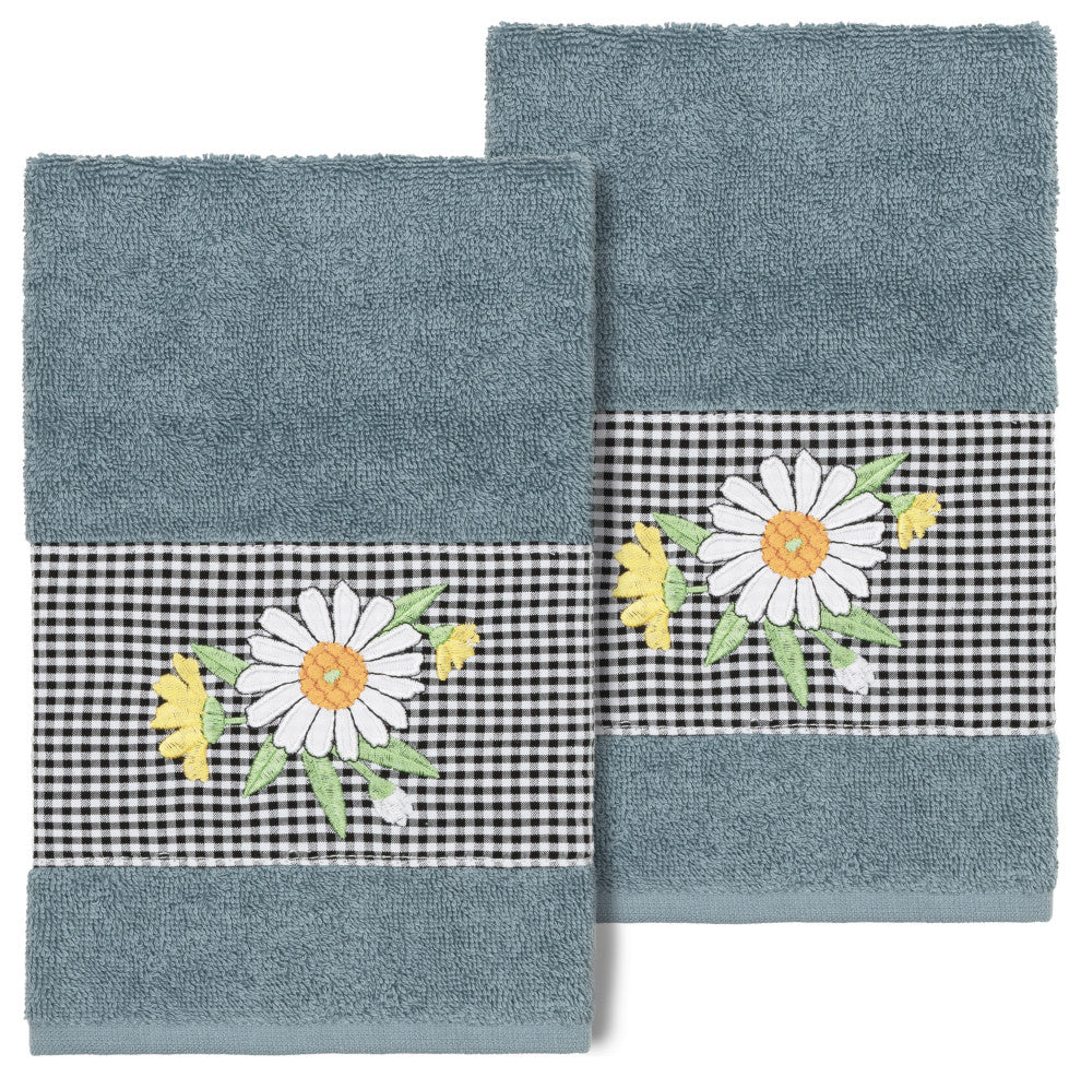 Linum Home Turkish Cotton Daisy 2-Piece Embellished Hand Towel Set, Teal