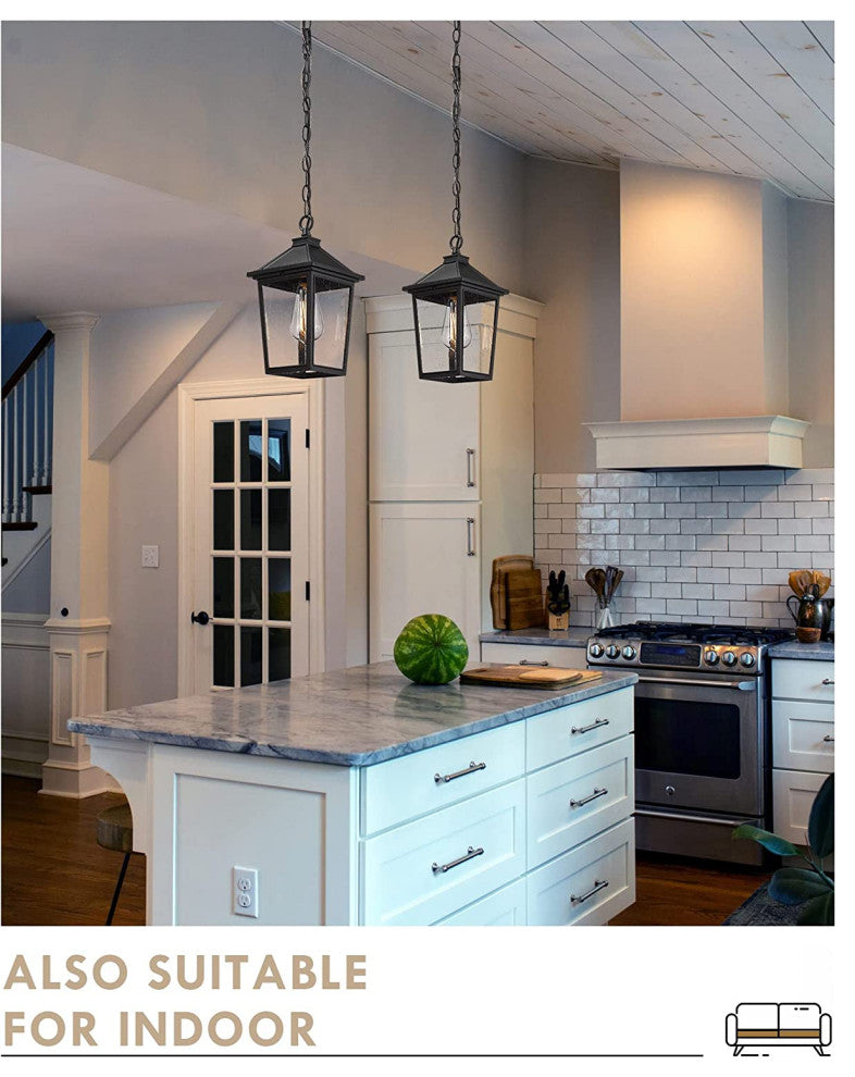 Farmhouse Exterior Hanging Porch Light, Black Chandelier, Seeded Glass Shade