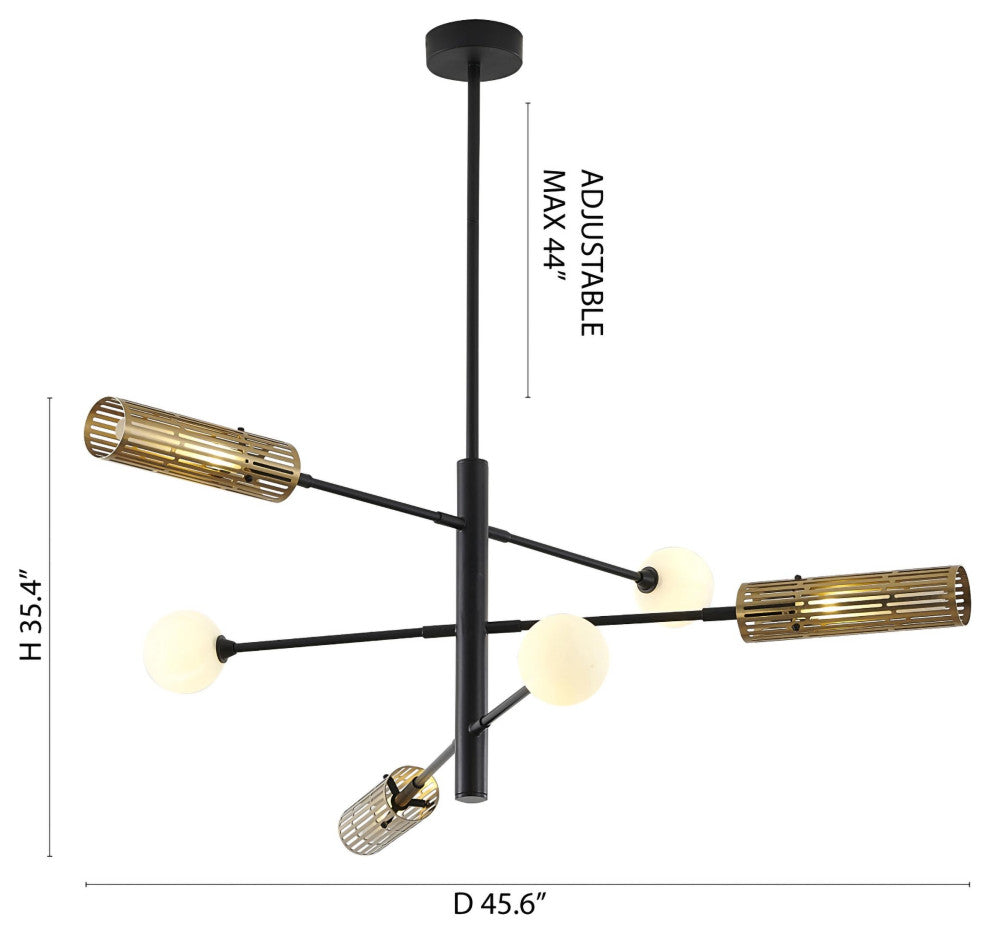 6-Light  Black And Gold Chandelier With White Glass Shades