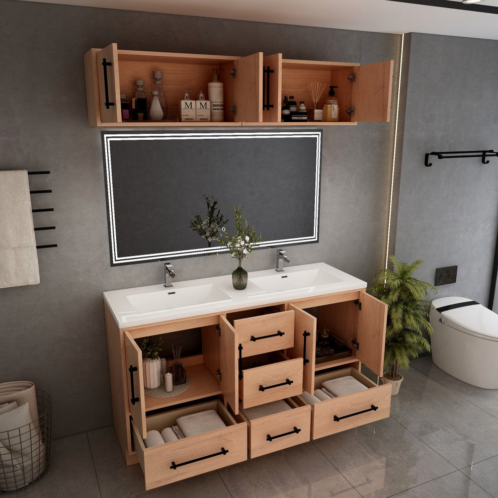 Victoria 60" Solid Wood Vanity Double Sink, Overhead Cabinet, Red Oak