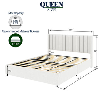 Qearl Queen Upholstered Platform Bed, 4 Storage Drawers, Tufted Headboard, Ivory