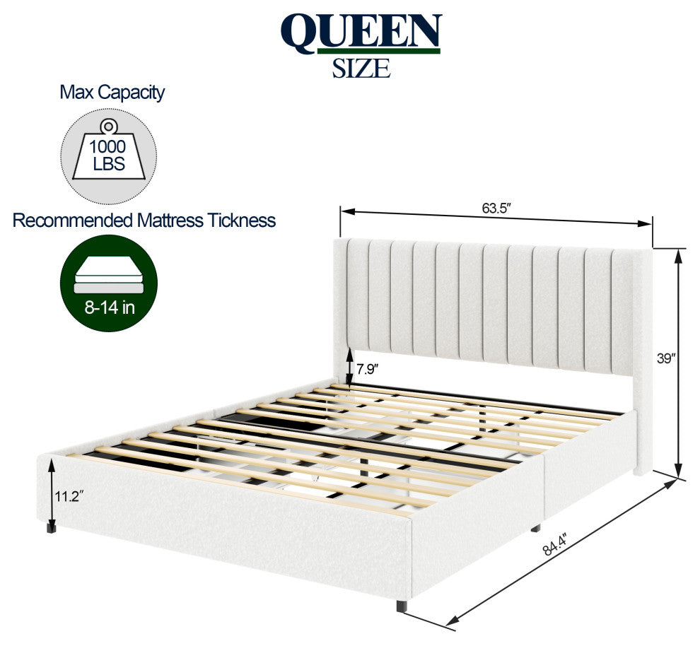 Qearl Queen Upholstered Platform Bed, 4 Storage Drawers, Tufted Headboard, Ivory