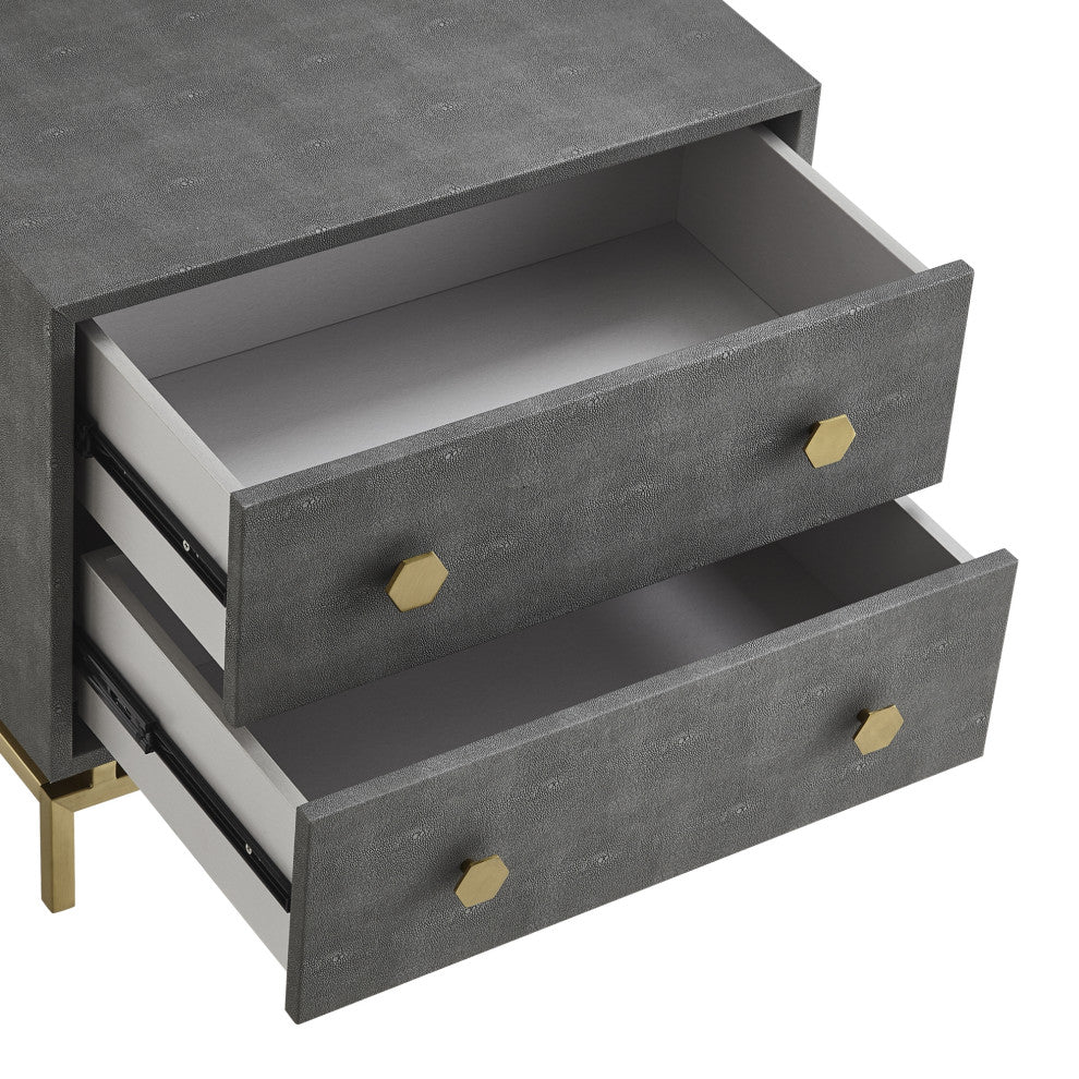 Nicole Miller Aharon Side Table, 2 Drawers, Faux Shagreen, Gray/Gold