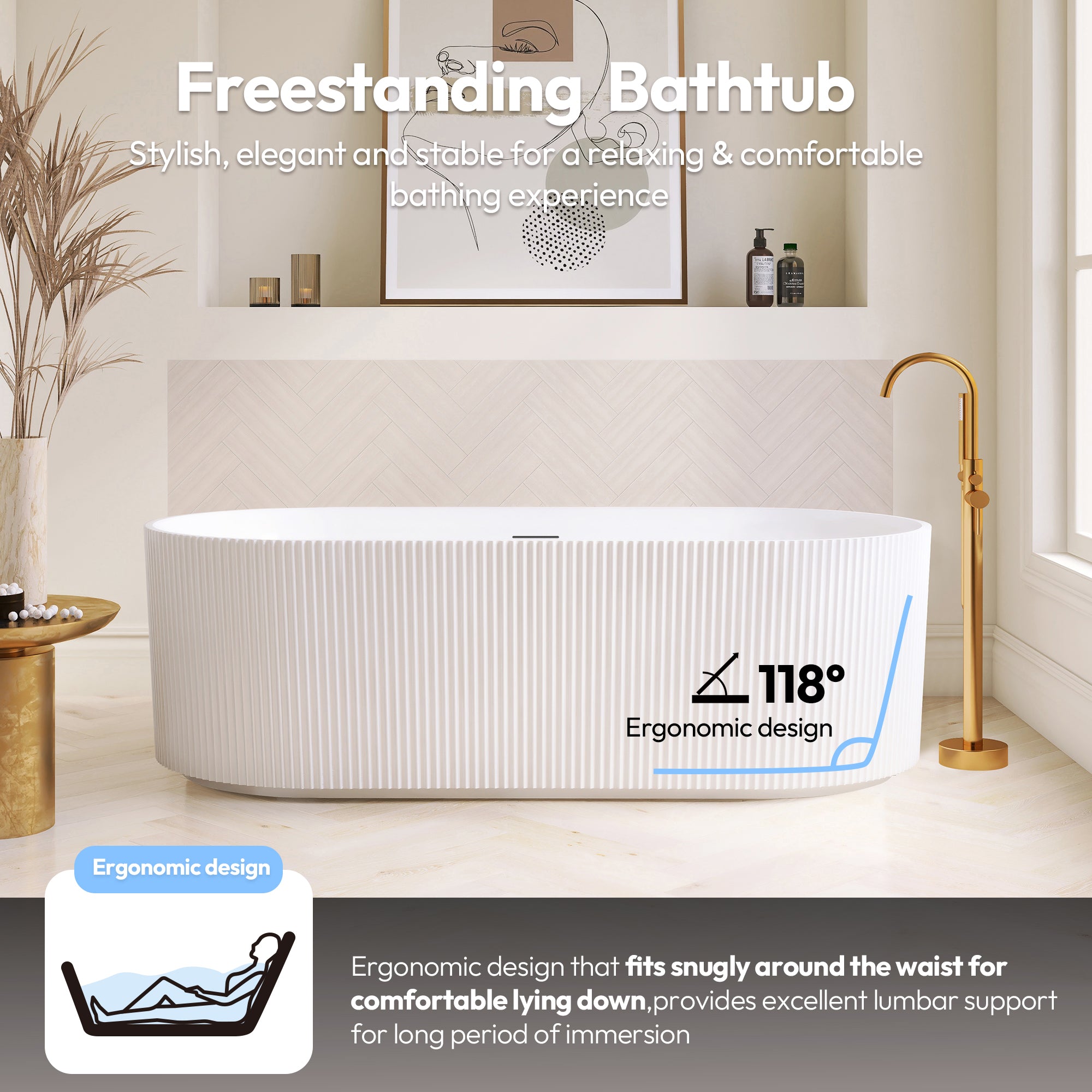 Linyi Freestanding Acrylic Soaking Bathtub, White, 66.9"l X 31.5"w