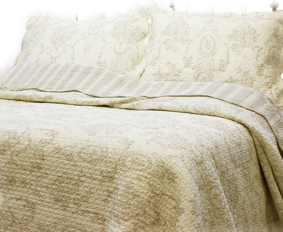French Medallion Ivory 100%Cotton 3-Piece Quilt Set, King Set