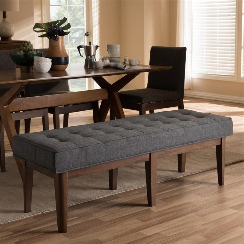 Lucca Mid-Century Modern Walnut Wood Dark Gray Button-Tufted Bench