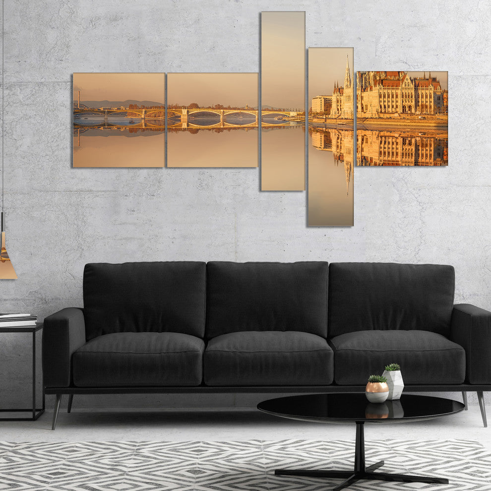 Hungarian Parliament Panorama, Cityscape Canvas Art Print, 60"x32", 5 panels