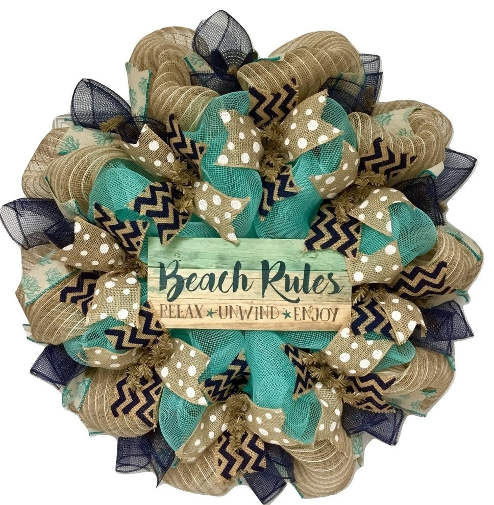 Beach Rules Deco Mesh Handmade Wreath