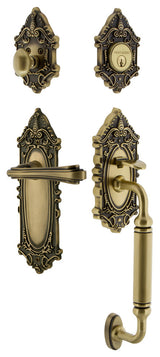 Victorian Plate C Grip Entry Set Fleur Lever, Antique Brass, 2-3/4", Left