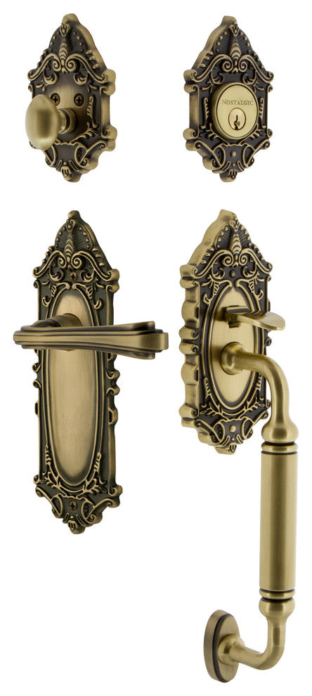 Victorian Plate C Grip Entry Set Fleur Lever, Antique Brass, 2-3/4", Left