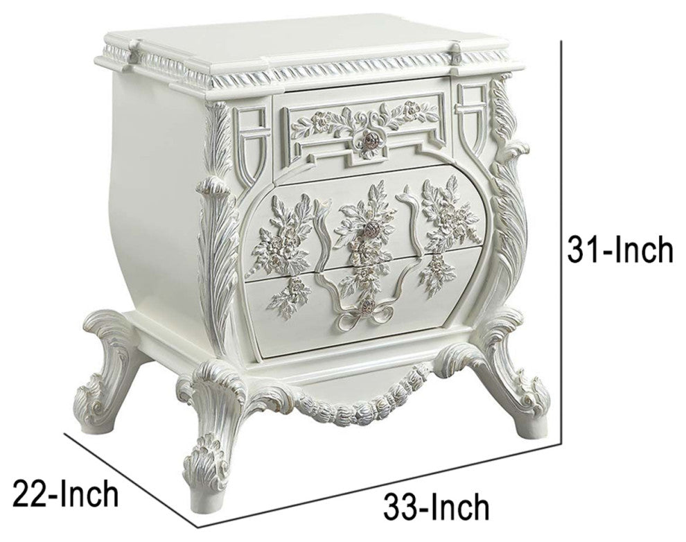 Benzara BM262125 Nightstand With Ornate Floral Accent & 3 Drawers, Antique White