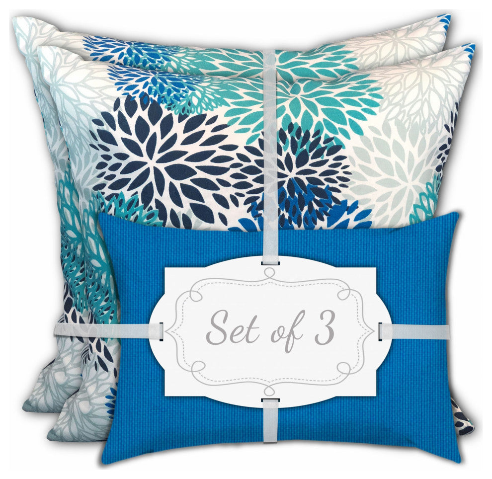 3-Piece Set Blue Blooms Indoor Outdoor Zippered Pillows