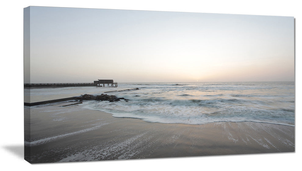 "Serene Blue Beach With White Sun" Modern Beach Canvas Art Print, 40"x20"