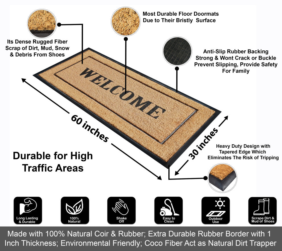 Natural Coir & Rubber Extra Large Doormat 30x60, Picture Frame Welcome