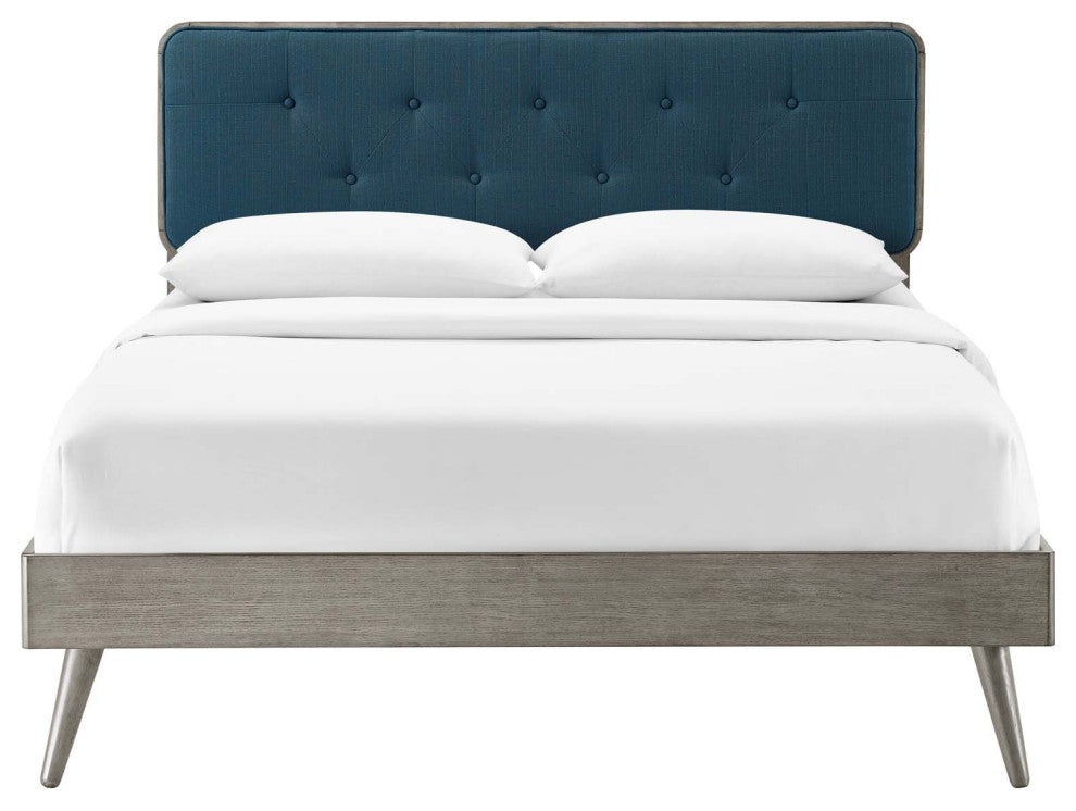 Platform Bed Frame, Twin Size, Wood, Grey Gray Navy Blue, Modern Contemporary