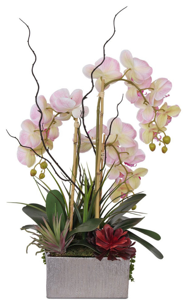 Real Touch Pink Orchid and Succulent Arrangement, Square Silver Pot