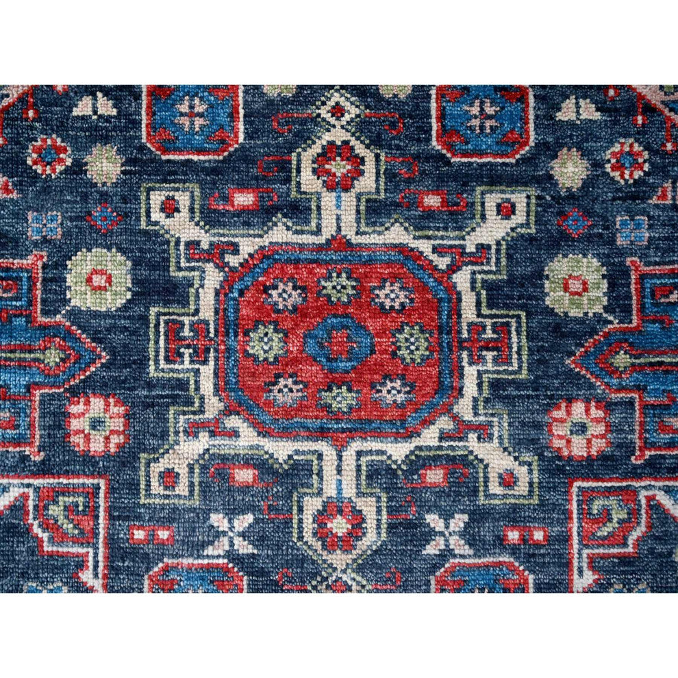 Charcoal Black Karajeh Heriz Pure Wool Hand Knotted Round Oriental Rug 7'9"x7'9"