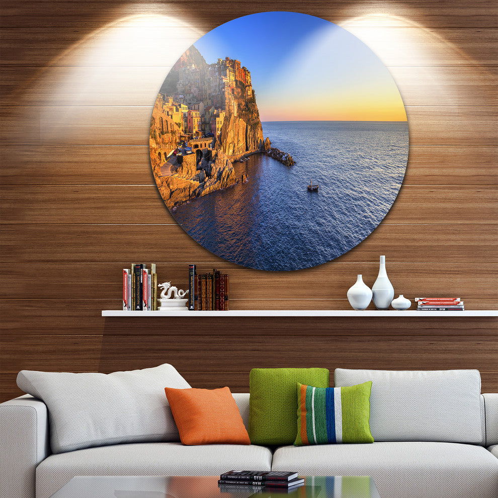 Manarola Village Beach Panorama, Landscape Disc Metal Wall Art, 36"