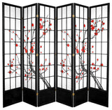 7' Tall Cherry Blossom Shoji Screen, Black, 6 Panels