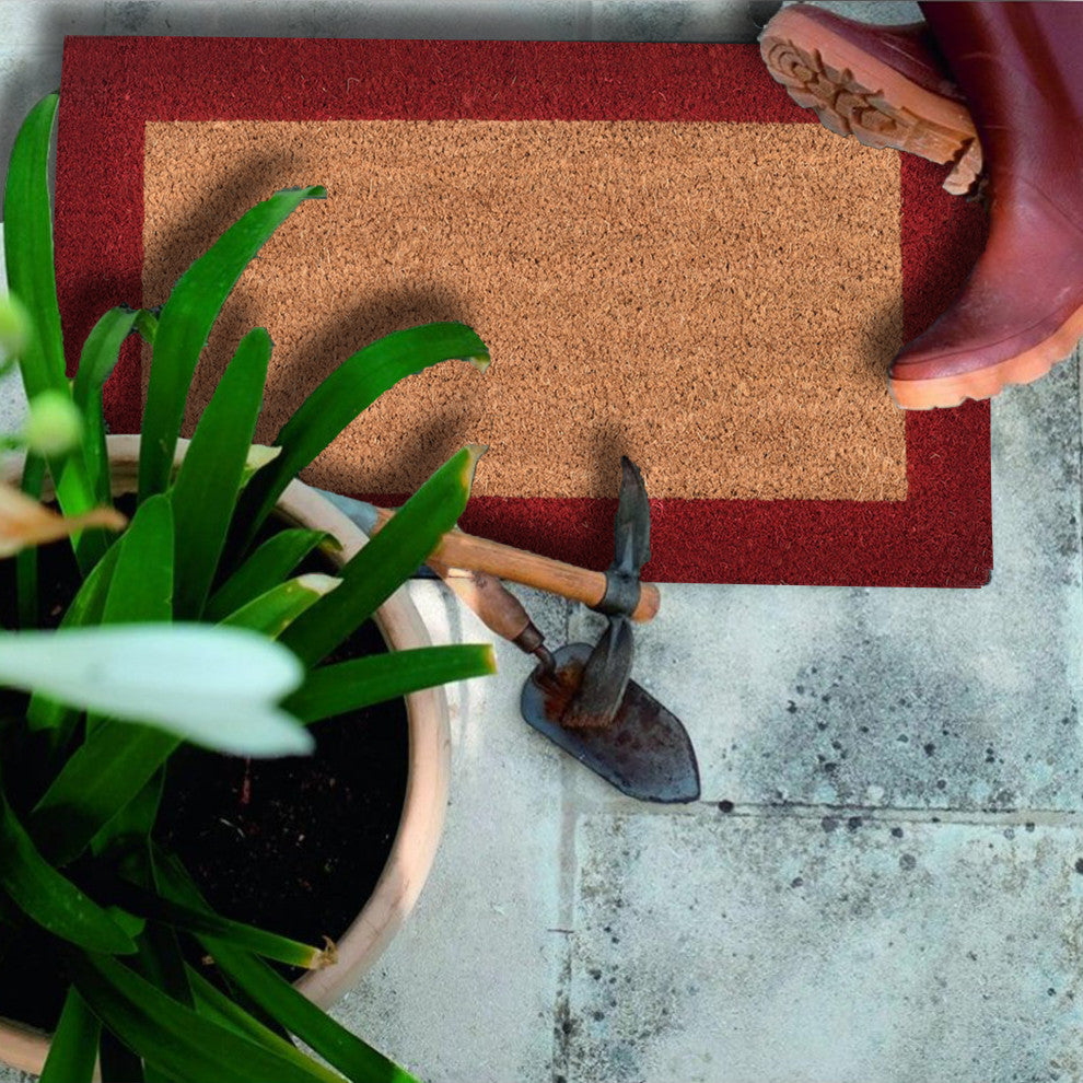Sheltered Front Door Mat Coir Coco Fibers Rug 24x13, Natural/Red Borders