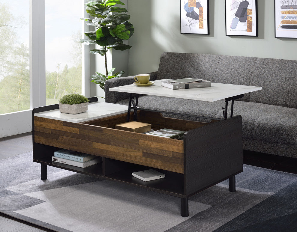 Lift White Marble Top Coffee Table, Black and Walnut