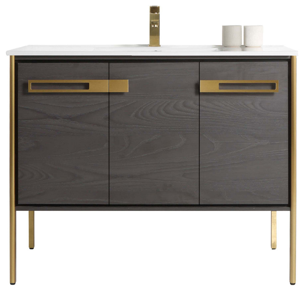 Oakville Bath Vanity, Ceramic Sink, Black Coal Oak, 42 Inch, Satin Brass Hardwar