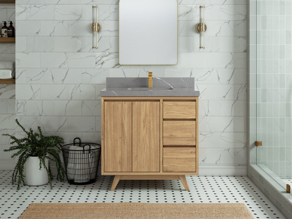 Madison Teak 36 Center Sink Bath Vanity in Light Natural 2" Piatra Gray