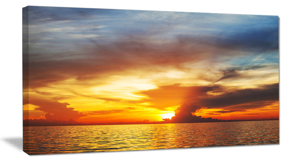 "Fiery Sky At Sunset Over Sea" Modern Seashore Canvas Art, 40"x20"