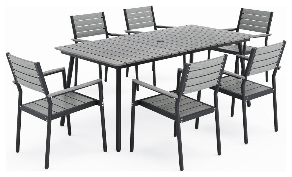 7-Piece Gray Outdoor Patio Set Dining Chairs Table With Umbrella Hole, Dc038