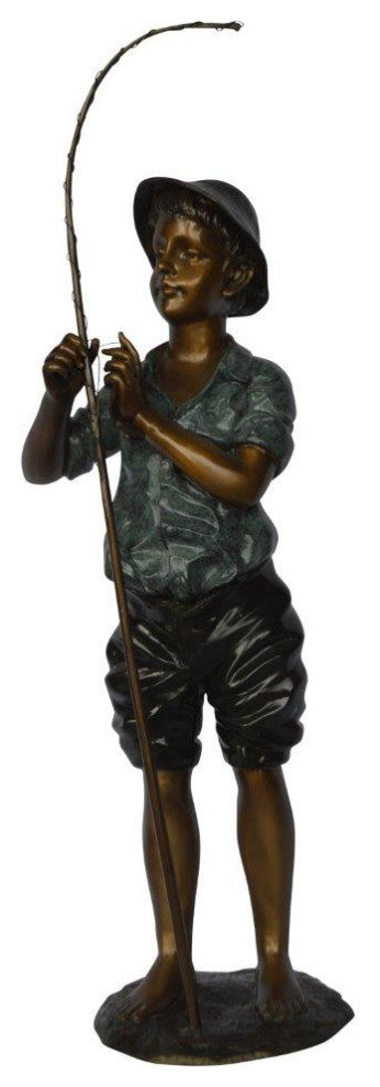 Boy with fishing rod  bronze statue -  Size: 11"L x 14"W x 44"H.