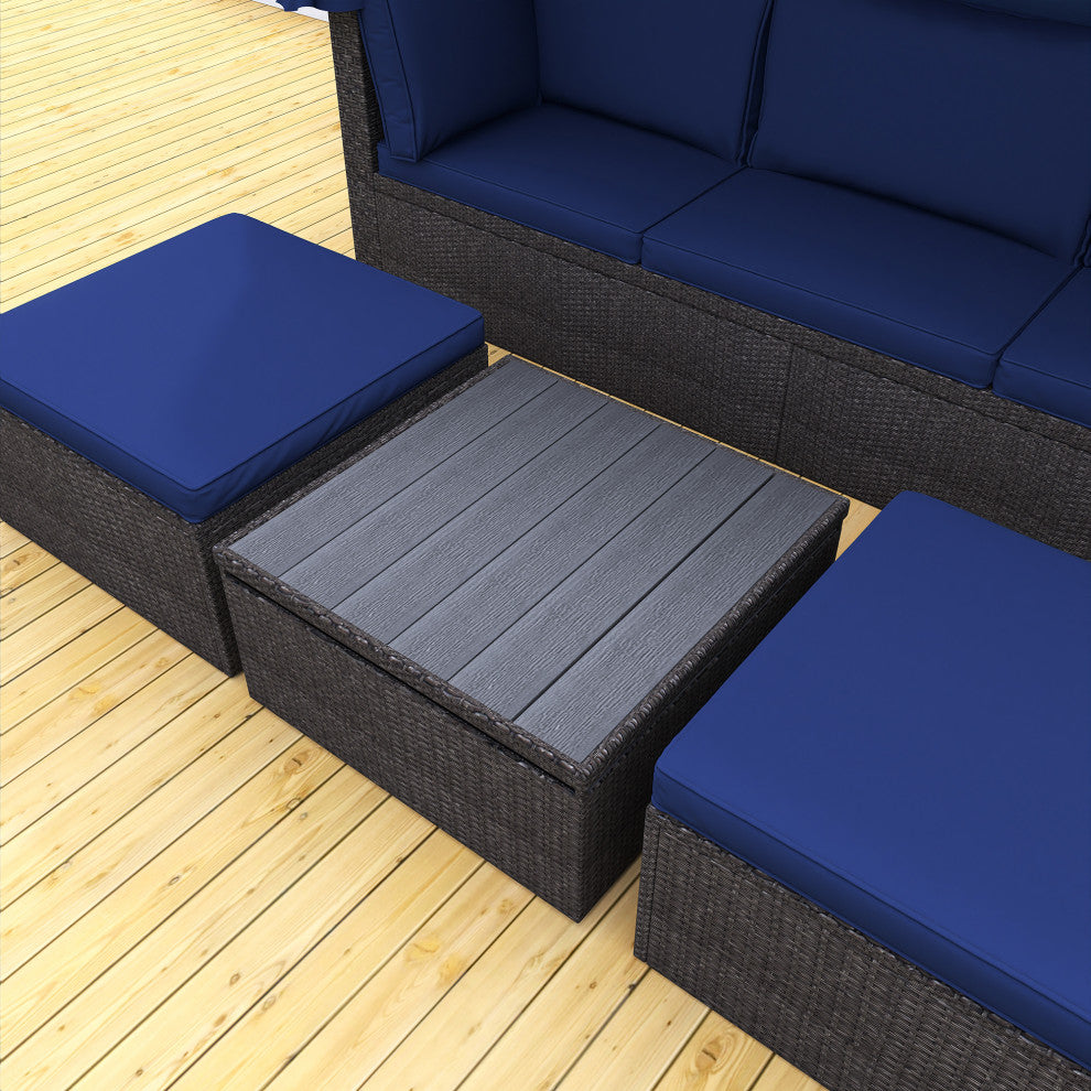 4-Piece Outdoor Wicker Sectional Patio Daybed with Canopy and Ottoman, Black Blu