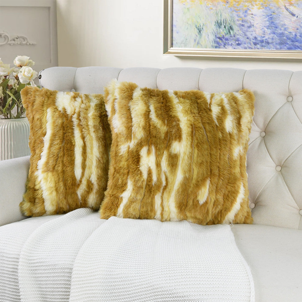 Jacquard Faux Fur Pillow Covers Set of 2, Amber Gold, 26'' x 26''