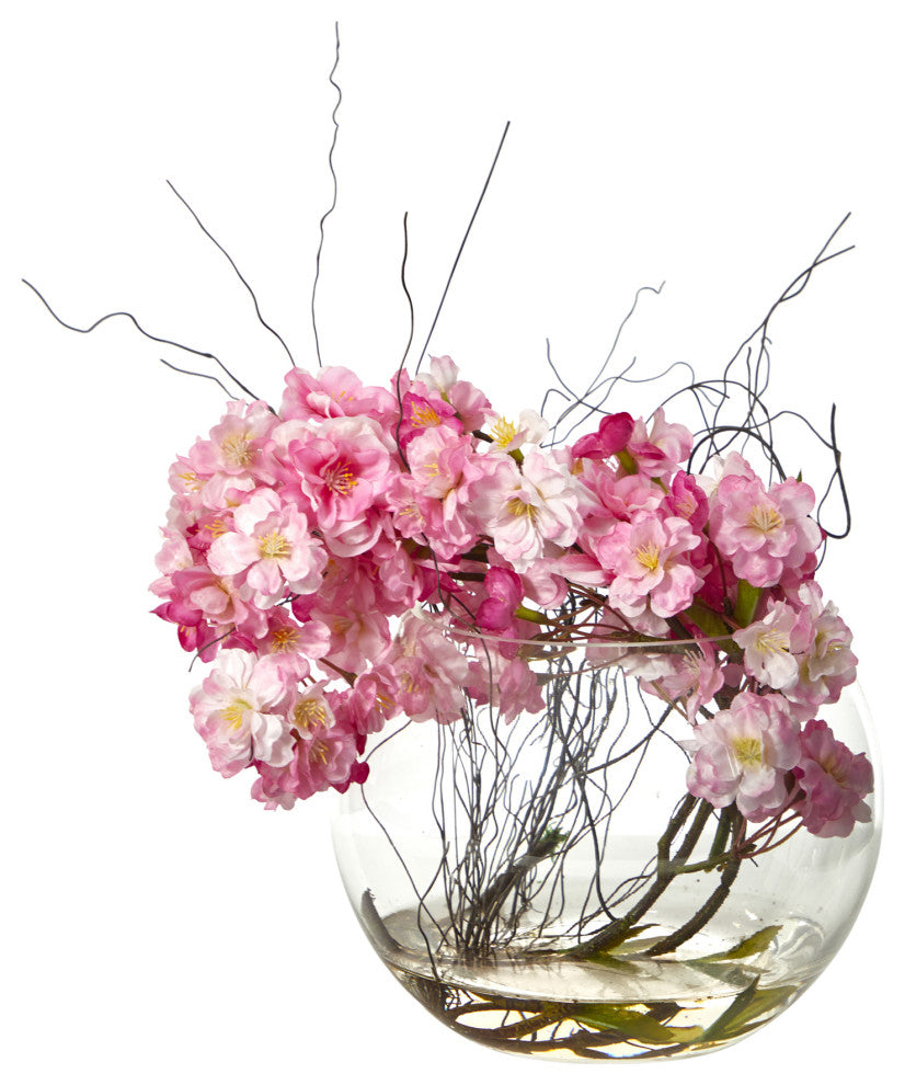 10" Cherry Blossom Artificial Arrangement, Glass Vase