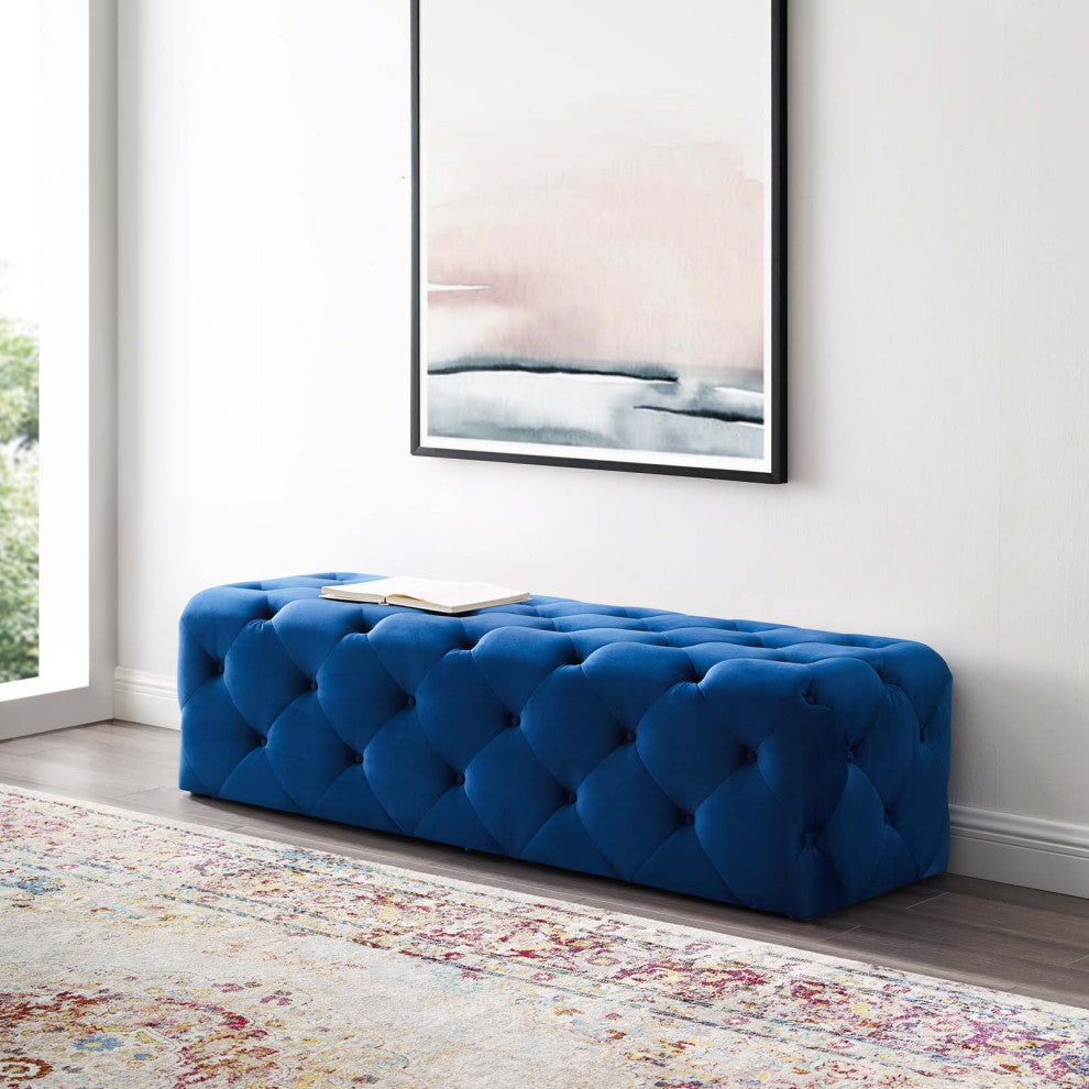 Tufted Accent Chair Bench, Velvet, Blue Navy, Modern, Living Lounge Hospitality