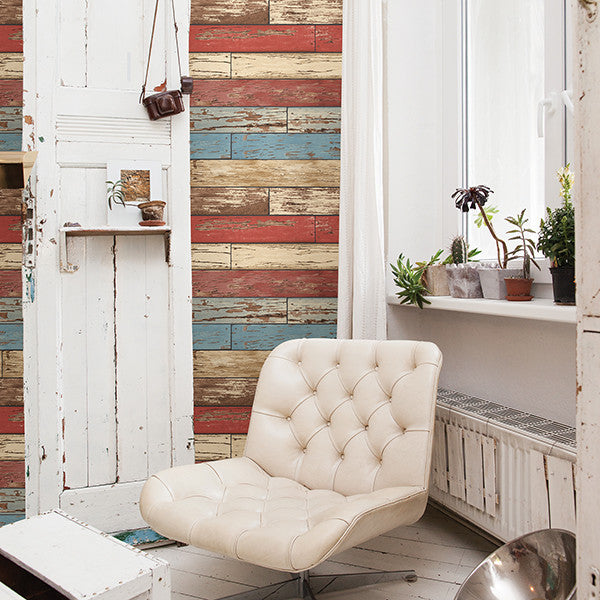 Weathered Wood Wallpaper, Red White and Blue, Bolt