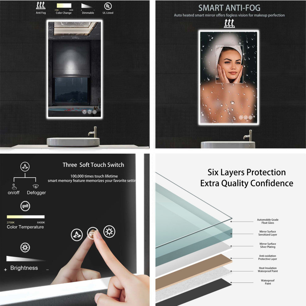 Fogless, Dimmable, Color Temperature Adjustable LED Mirror, 21x36