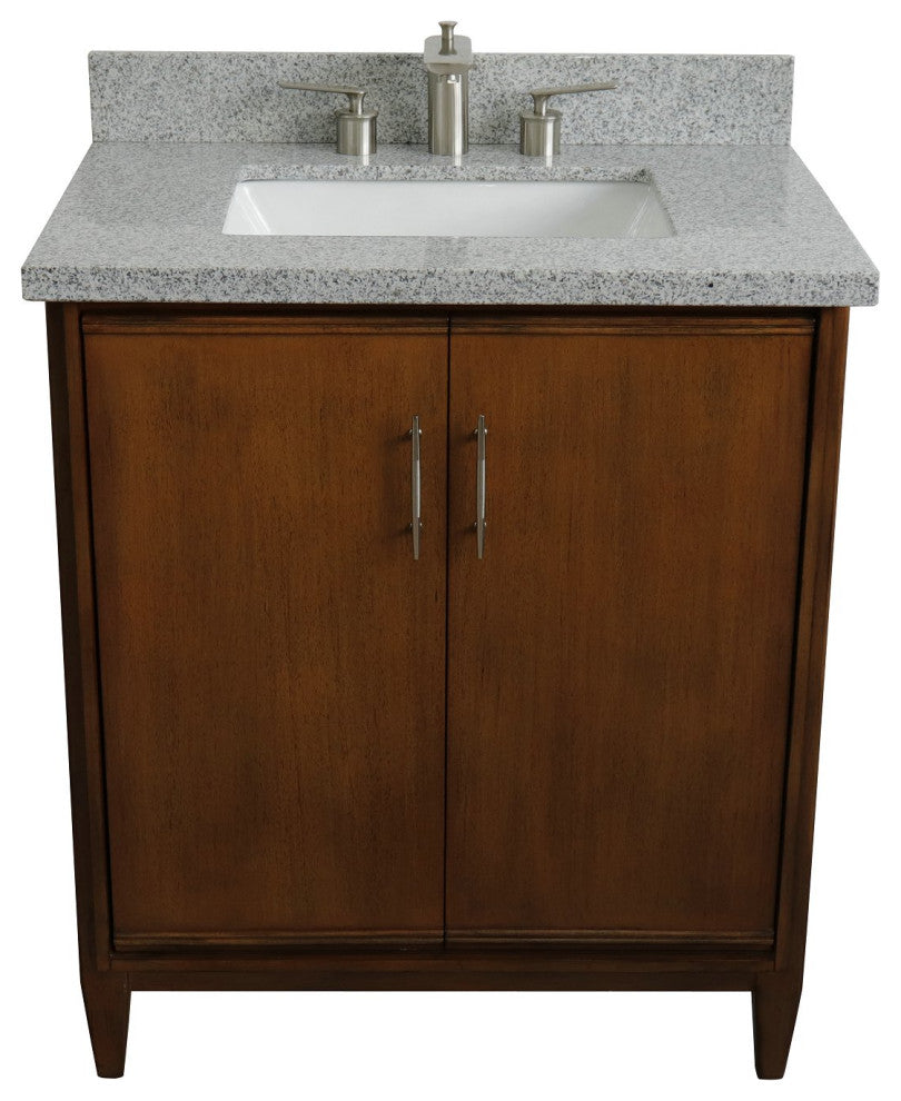 31" Single Sink Vanity, Walnut Finish, Gray Granite With Rectangle Sink